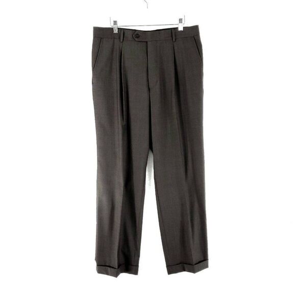 Hugo Boss Dr Hook Virgin‎ Wool Brown Pleated Cuffed Mid Rise Dress Pants 35/30 - Picture 1 of 5
